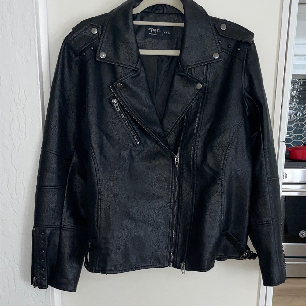 SPYM Black Faux Leather Jacket with Rivets on Sleeves, shoulder & Back | XXL